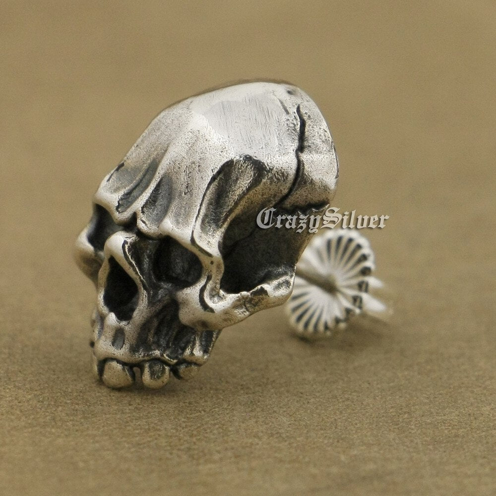 925 Sterling Silver Mens Biker Rock Punk Skull Stud Earrings TA40