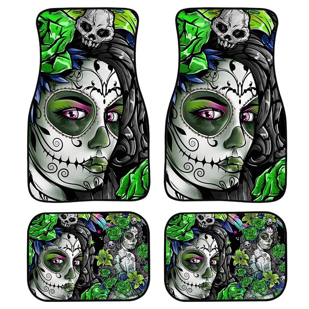 4pcs/Set Day Of The Dead Skull Gothic Car Floor Washable Mats for Front and Back