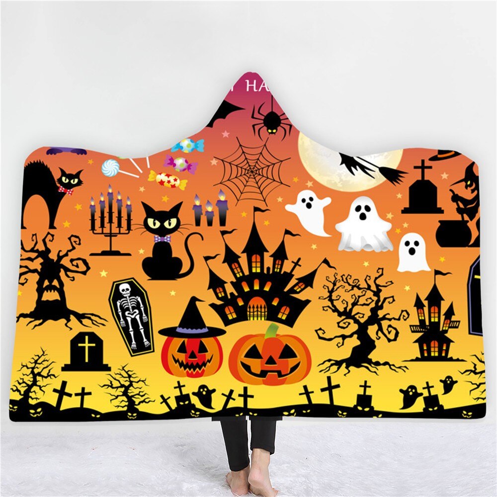 Skull Pumpkin Hooded Blanket Happy Halloween Fleece Blanket 3D Print