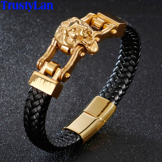 Lion Head Mens Bracelets & Bangles Braided Genuine Leather Bracelet