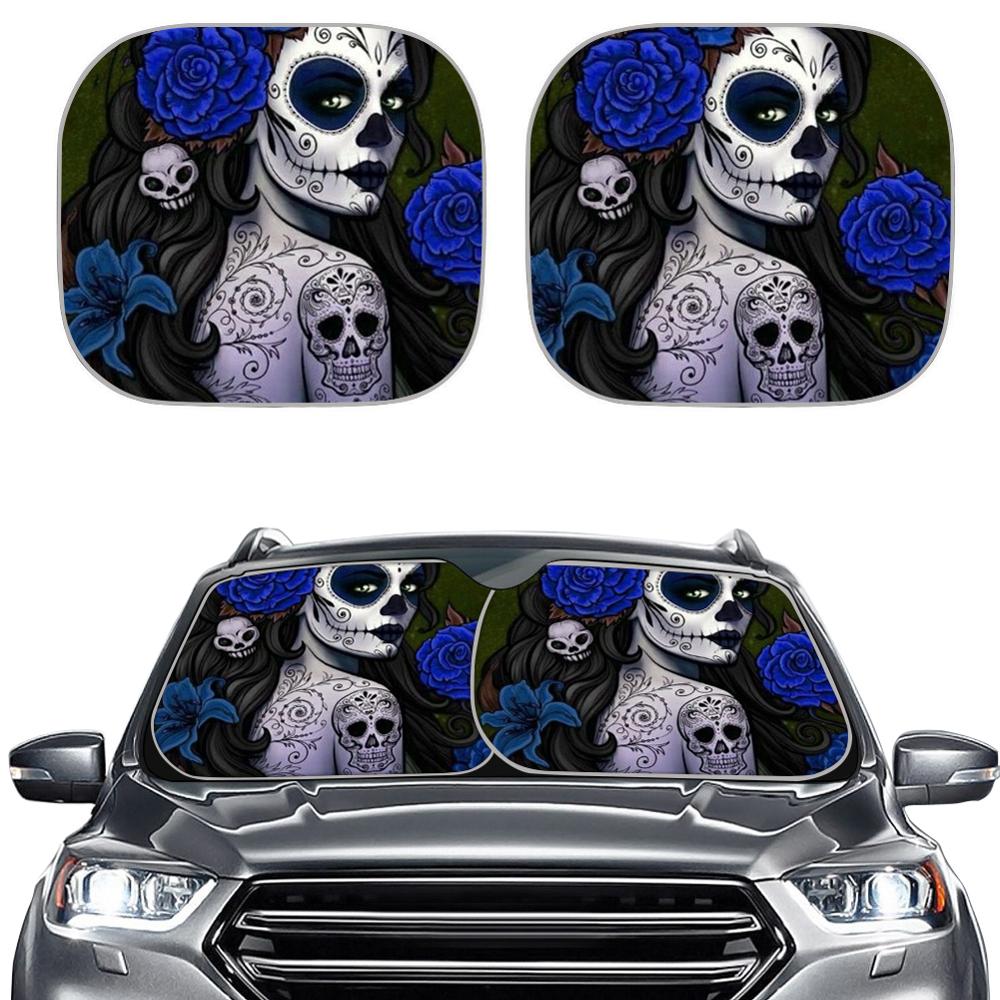 Set 2pcs Fashion Side Window Day of the Dead Sugar Skull Flower Print 2pcs/Set