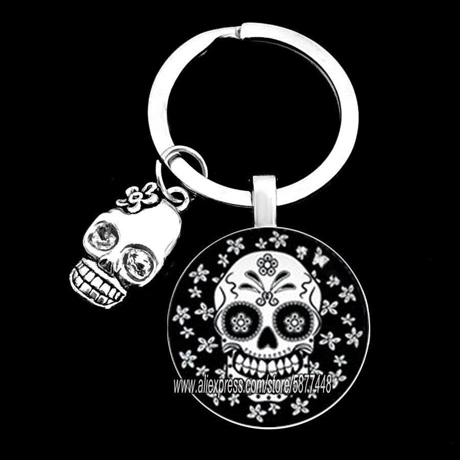 Exquisite Colorful Sugar Skull Pendent Glass Keychain Skeleton and Flower Key Ring for Unisex