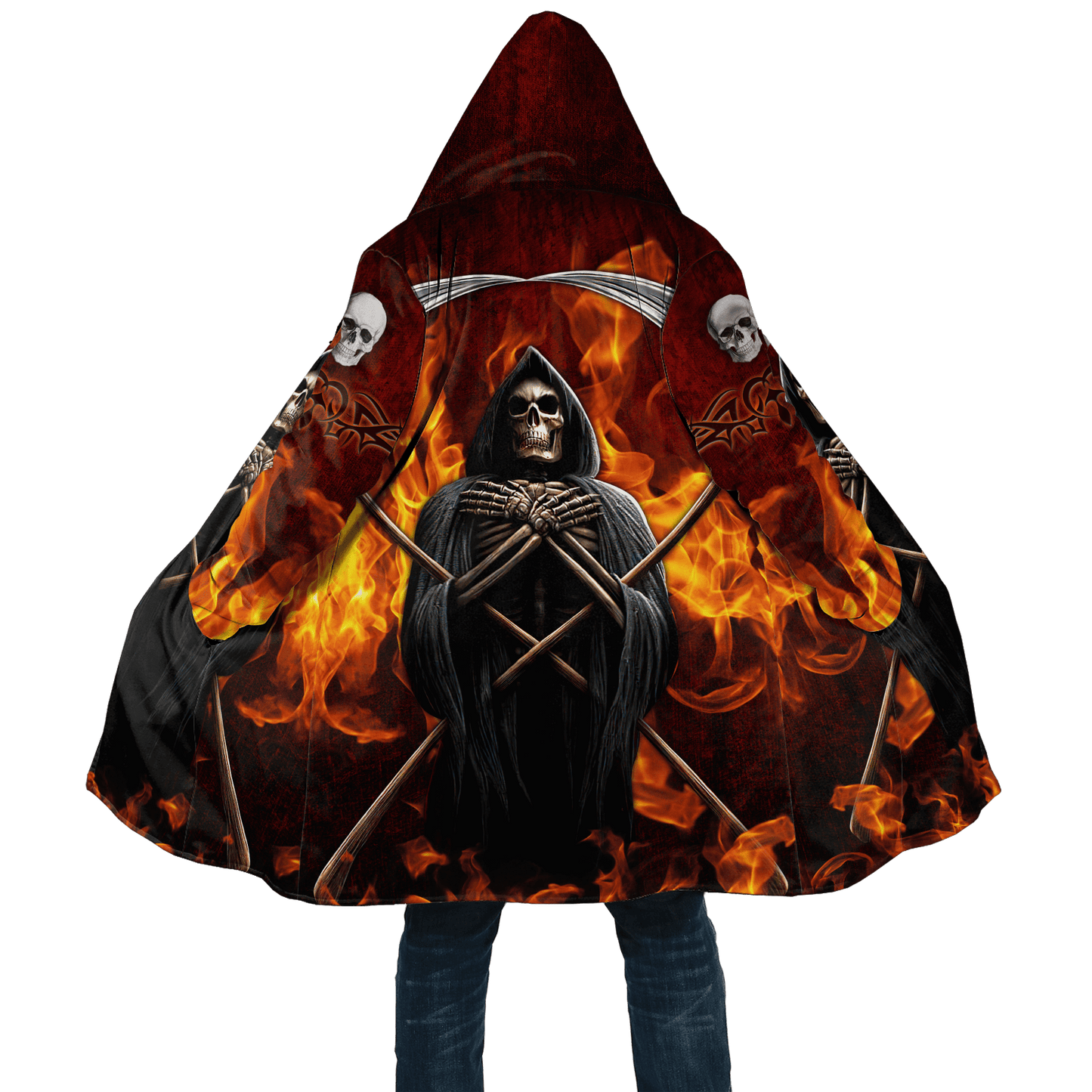 Winter Mens Cloak Gothic Reaper Skull Tattoo Fleece Hooded Cloak Coat Unisex Casual Thick Warm Cape coat, Halloween cloak coat