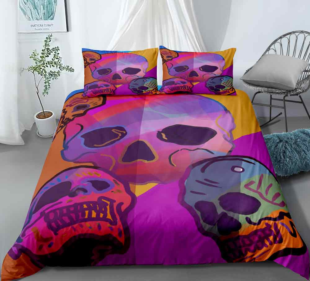 Sugar Skull Bedding Set Bedroom Decor Gift Purple Background Hypoallergenic Quilt