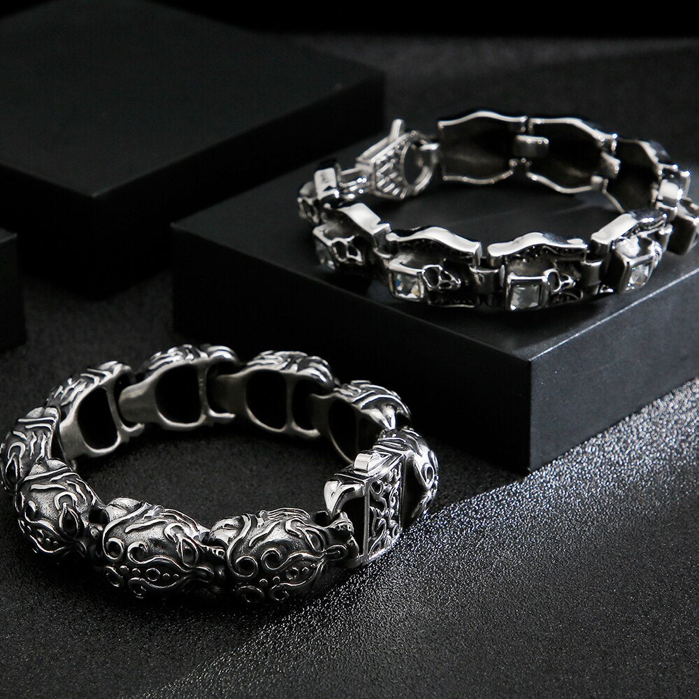 Gothic Skull Bracelets For Men Stainless Steel 3D Skeleton Chain