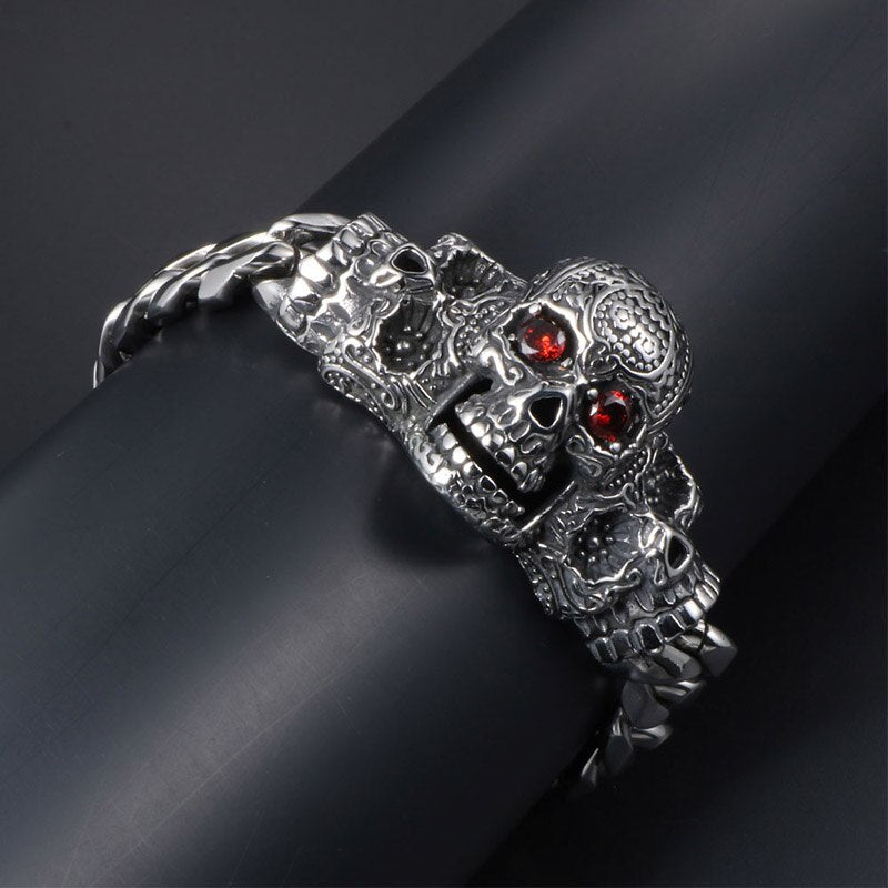 220mm Men's Titanium Steel Big Skull with Red Cubic Zirconia Bracelet