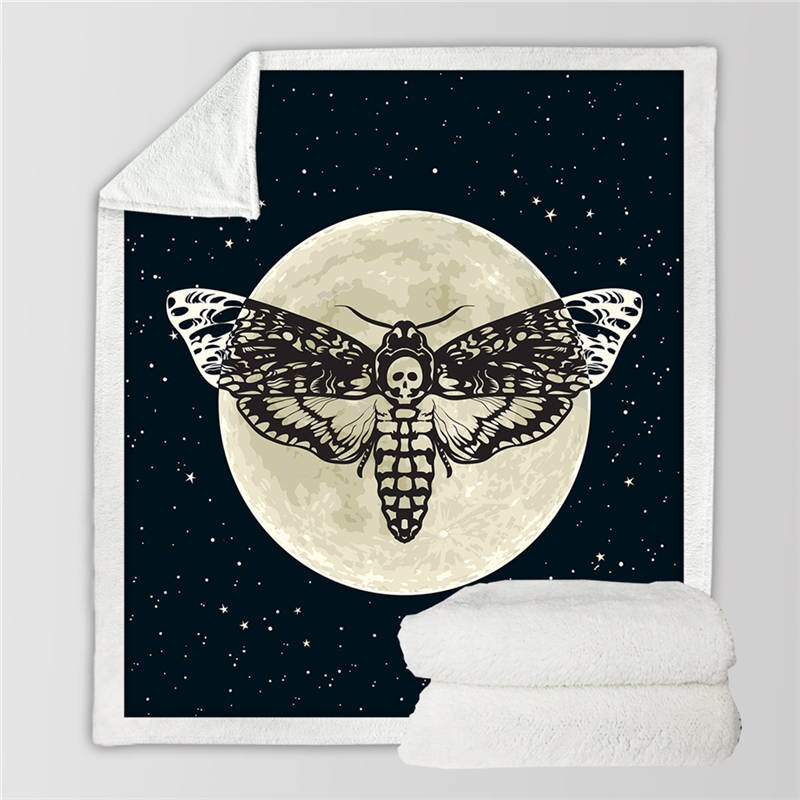 Moth Sherpa Throw Blanket Gothic Skull Astrology Bedspreads Butterfly