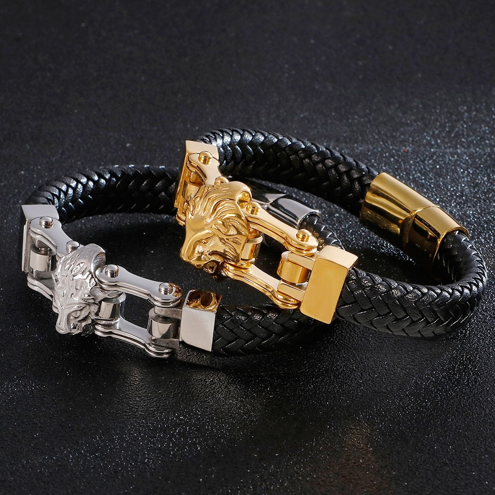 Lion Head Mens Bracelets & Bangles Braided Genuine Leather Bracelet