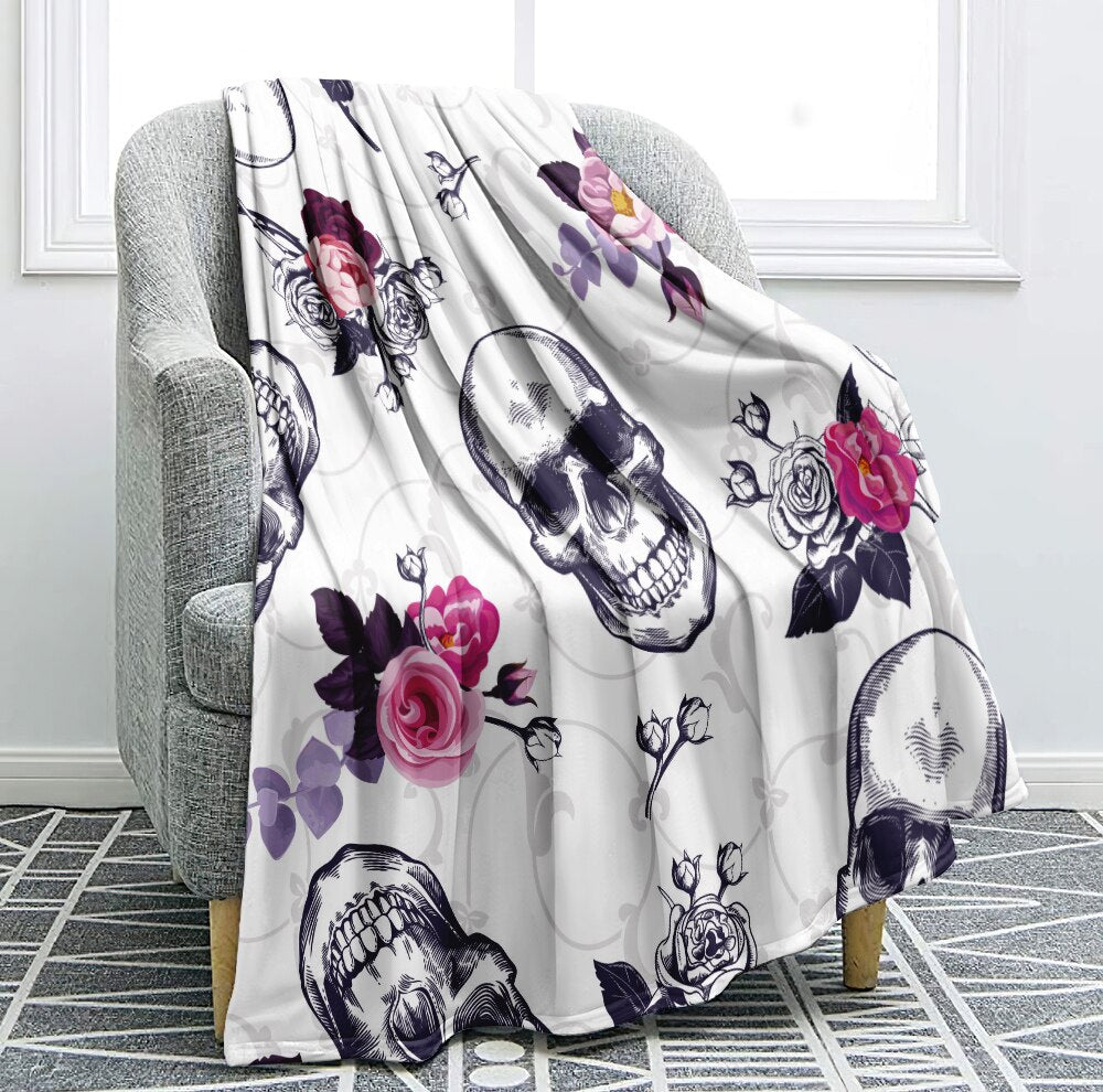 Skull Blanket Floral Skull Throw Blanket Black White Background Sherpa Flannel Blanket