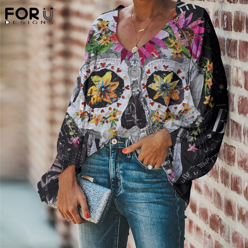 Sugar Skull With Flower Pattern Ladies Loose V Neck Casaul Balloon Sleeve