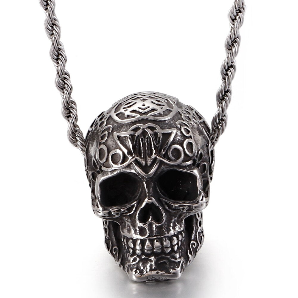 Retro Stainless Steel Mens Punk Skull Pendant Necklace