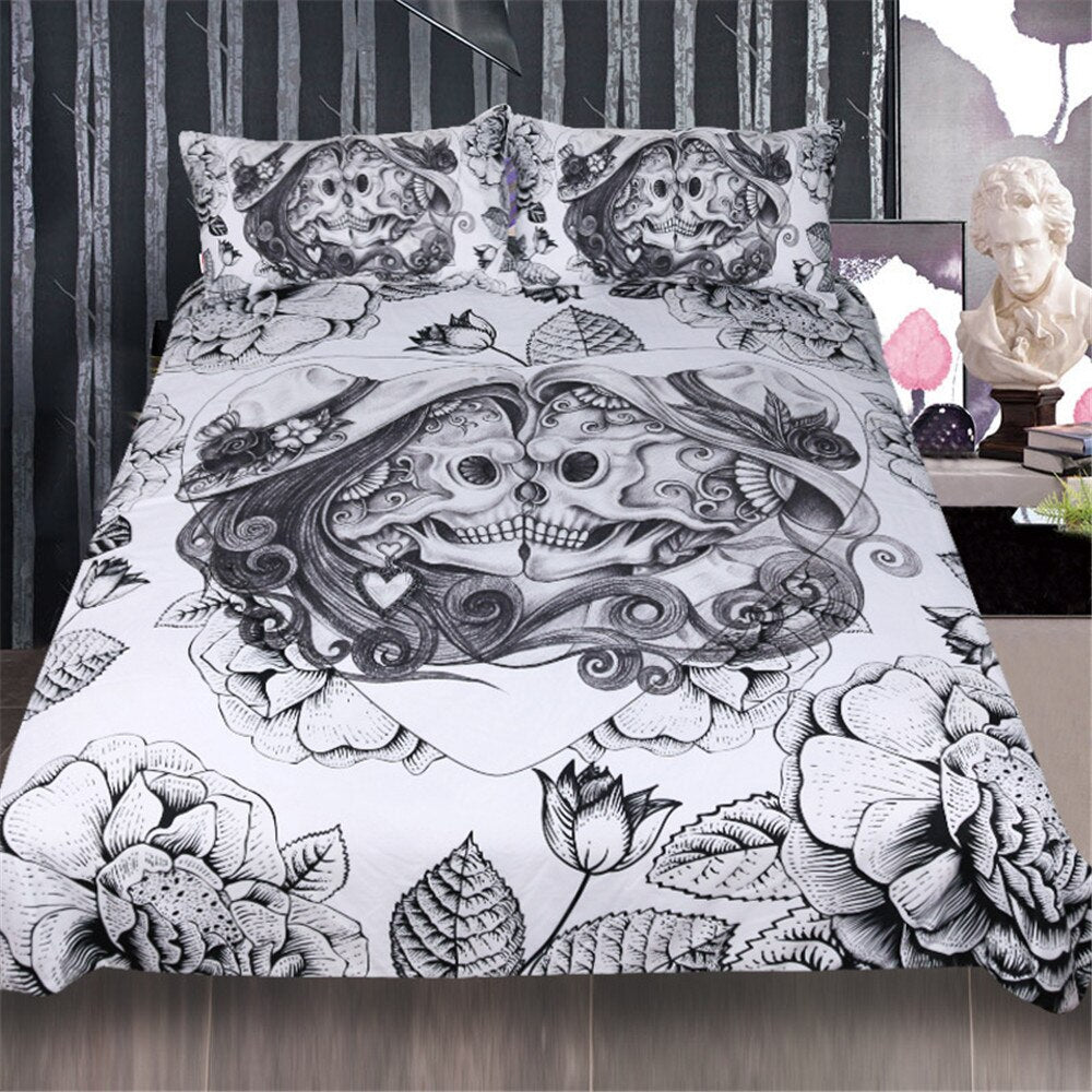 3D Flowers Skull Duvet Cover With Pillowcases Sugar Skull Bedding