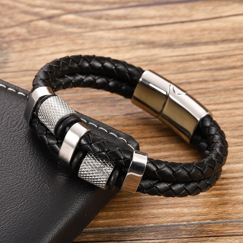 Hot Selling Men's Leather Bracelet Gold Stainless Steel