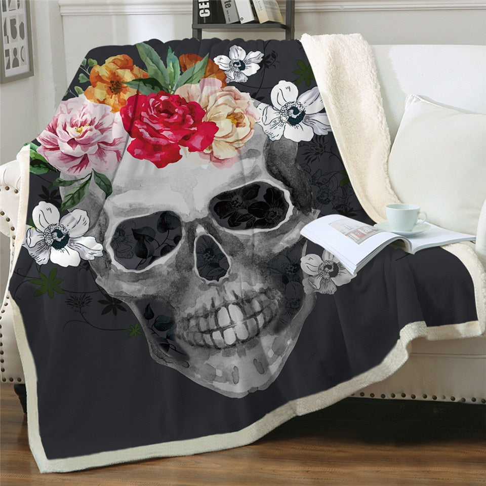 Gothic Skull Blanket for Beds Floral Roses Thin Quilt Fashionable Blanket