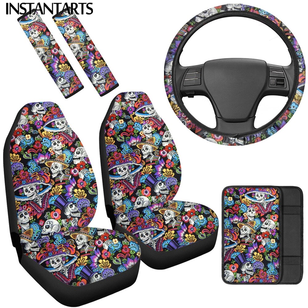 Mexican Style Sugar Skull Design Non Fade Front Seat Cover