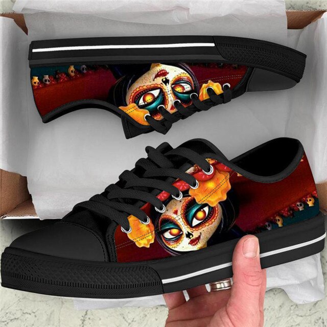 Cool Sugar Skull Pattern Women Casual Flats Shoes Lady Comfortable Canvas Shoes