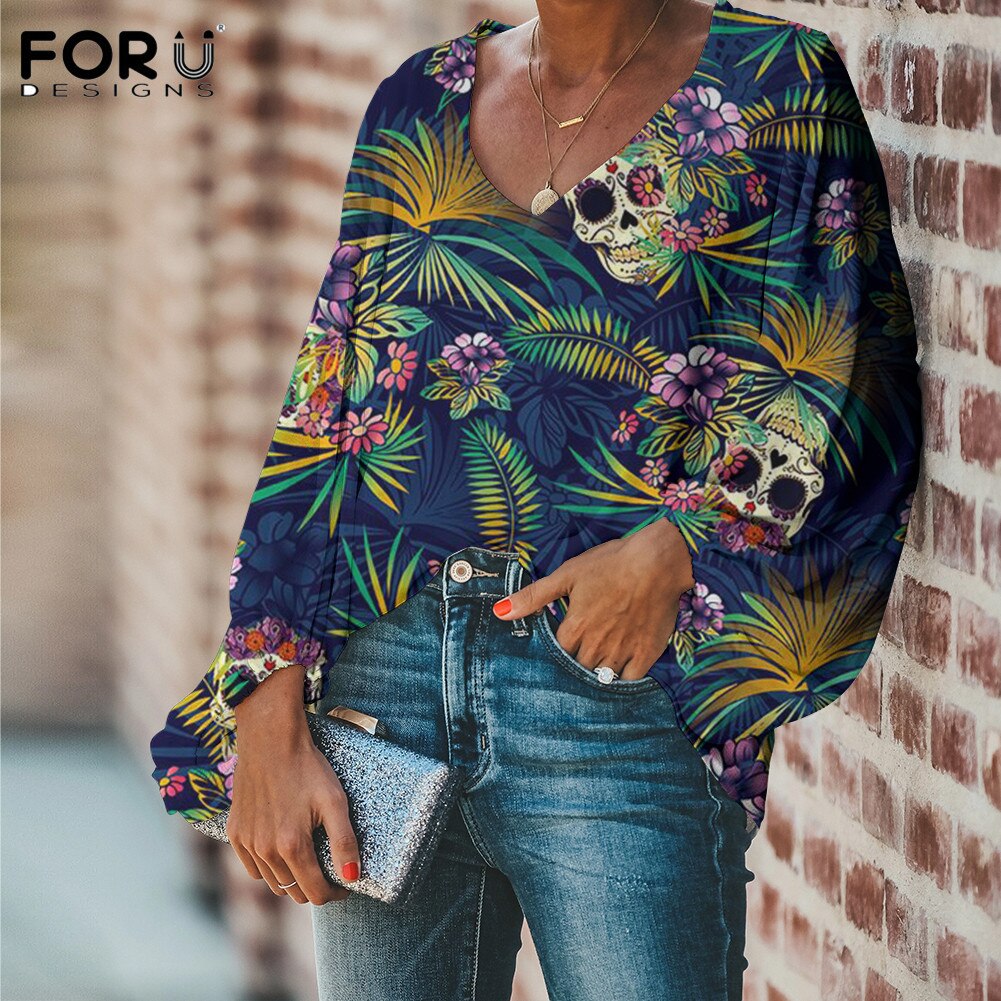 Sugar Skull With Flower Pattern Ladies Loose V Neck Casaul Balloon Sleeve