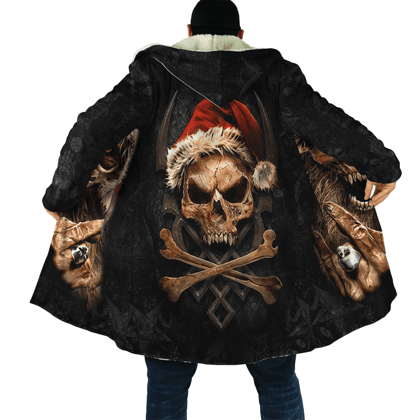 Winter Mens Cloak Gothic Reaper Skull Tattoo Fleece Hooded Cloak Coat Unisex Casual Thick Warm Cape coat, Halloween cloak coat