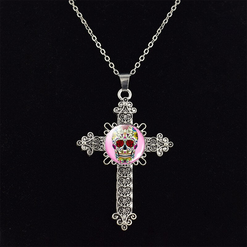 Sugar Skull Picture Glass Dome Cross Pendant Chain Necklace Punk Jewelry