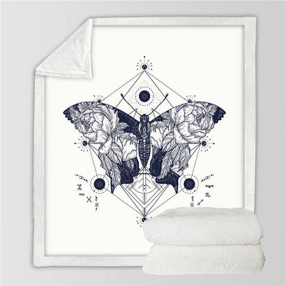 Moth Sherpa Throw Blanket Gothic Skull Astrology Bedspreads Butterfly