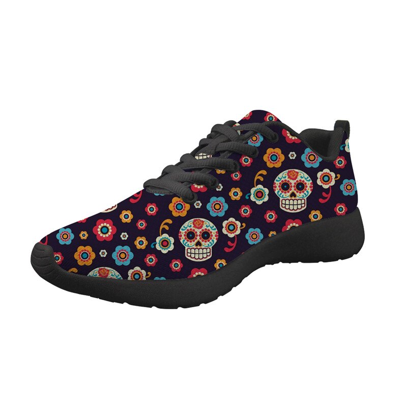 Sugar Skull Printing Flat Sneakers for Women Lace-up Summer