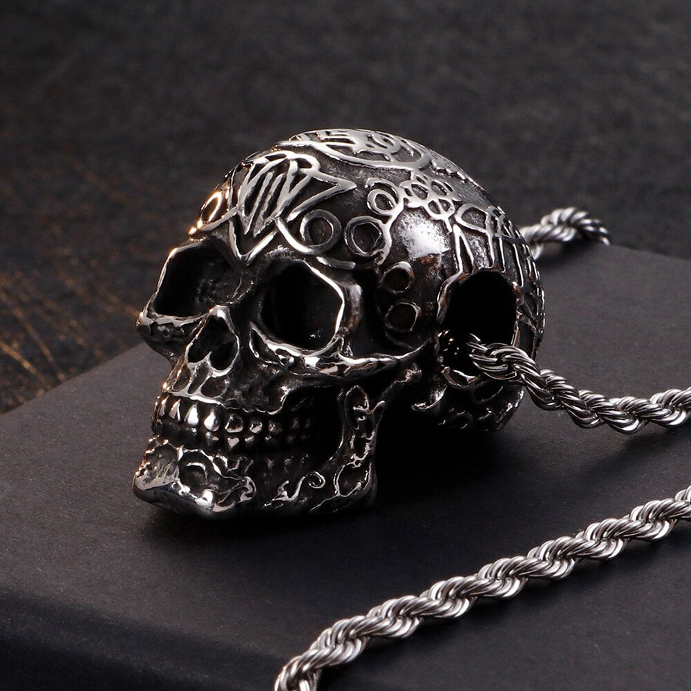 Retro Stainless Steel Mens Punk Skull Pendant Necklace