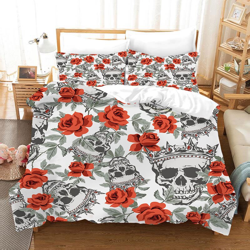 King Size Bedding Sets Sugar Skull Duvet Cover and Pillowcase Flower Rose Skull