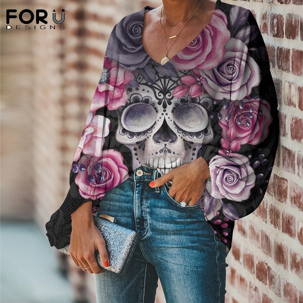 Sugar Skull With Flower Pattern Ladies Loose V Neck Casaul Balloon Sleeve