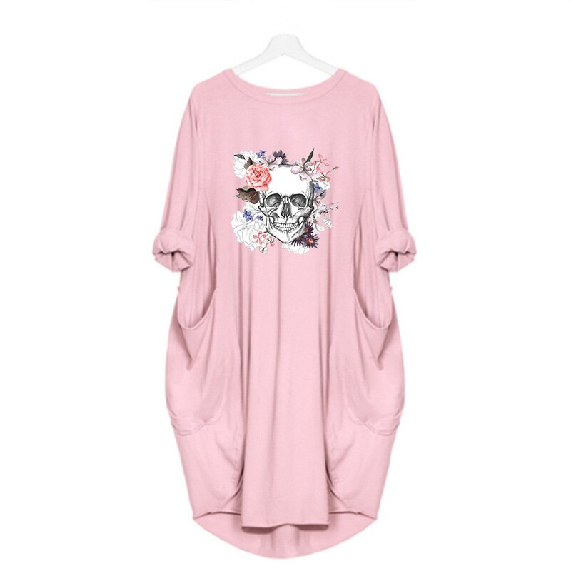 Plus Size 5XL Women's Dress Skull Print Long Sleeve O Collar Pocket