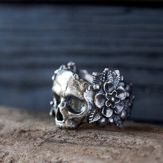 Gothic Mexican Flower Sugar Skull Rings Women Silver