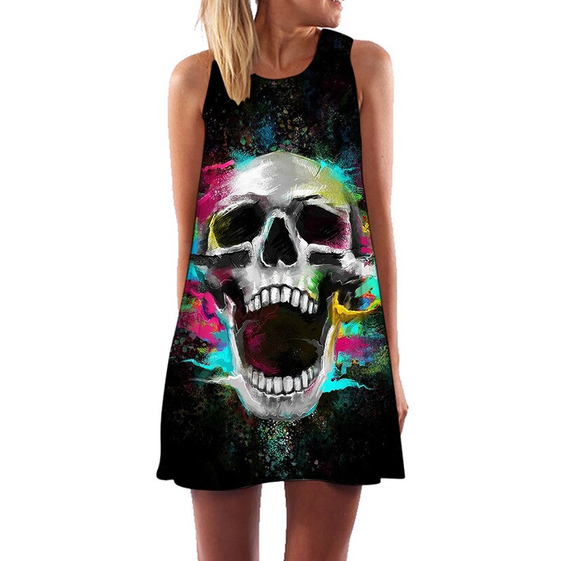 Women Summer Skull Dress Sundress 3D Printed Vintage