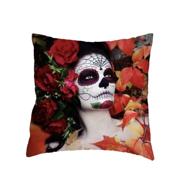 Colorful Sugar Skull Polyester Cushion Cover White Mexican Style