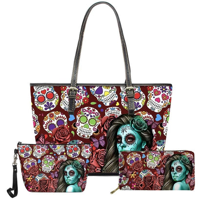 3pcs Fashion Sugar Skull Girl Pattern PU Leather Handbags Women Bag Set