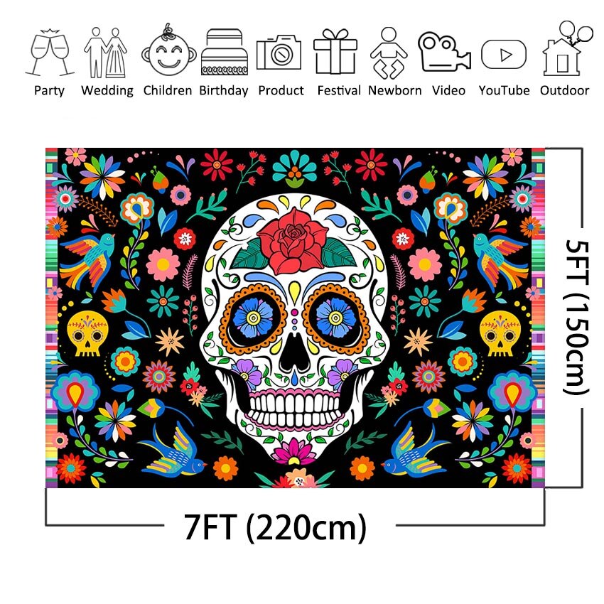 Day of The Dead Backdrop for Mexican Fiesta Sugar Skull Flowers Photography Background Dia DE Los Muertos Birthday Party Decor