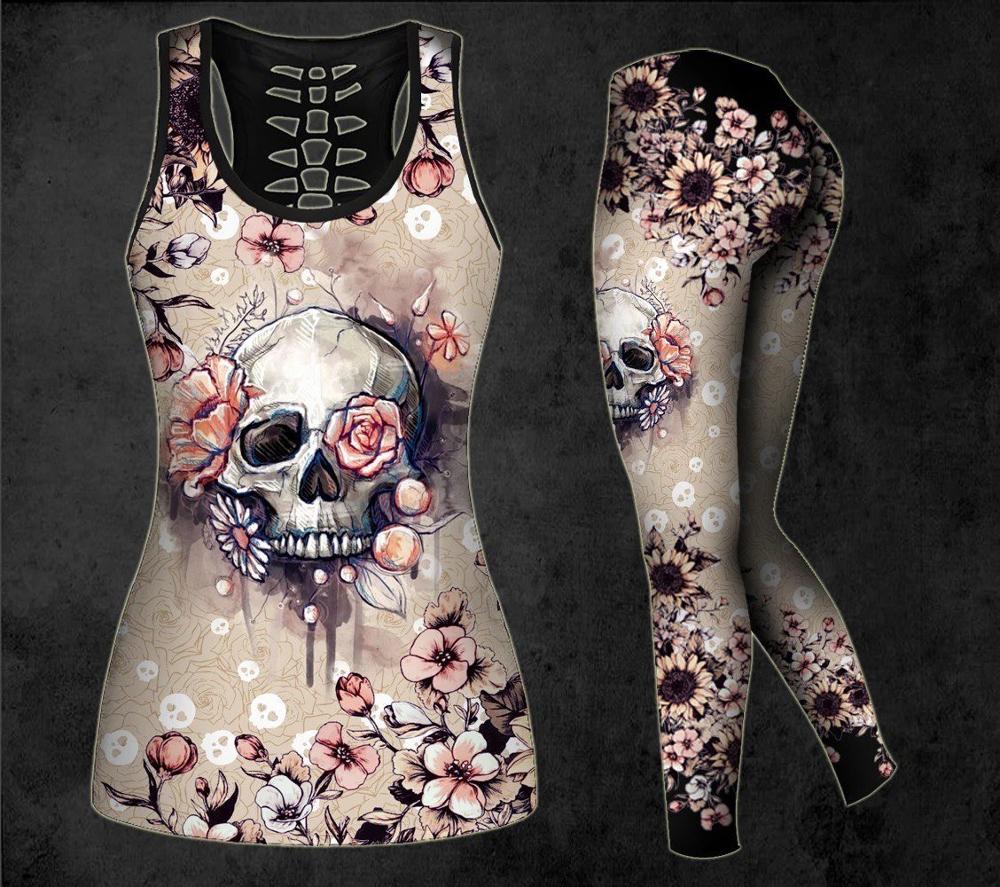 Set of 2 Skull Flowers Hollow Tank top and leggings
