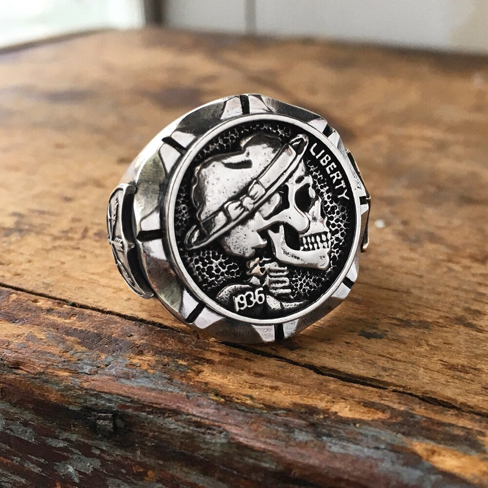 Hobo Nickel Brave Skull Rings Mens Mexican Indian