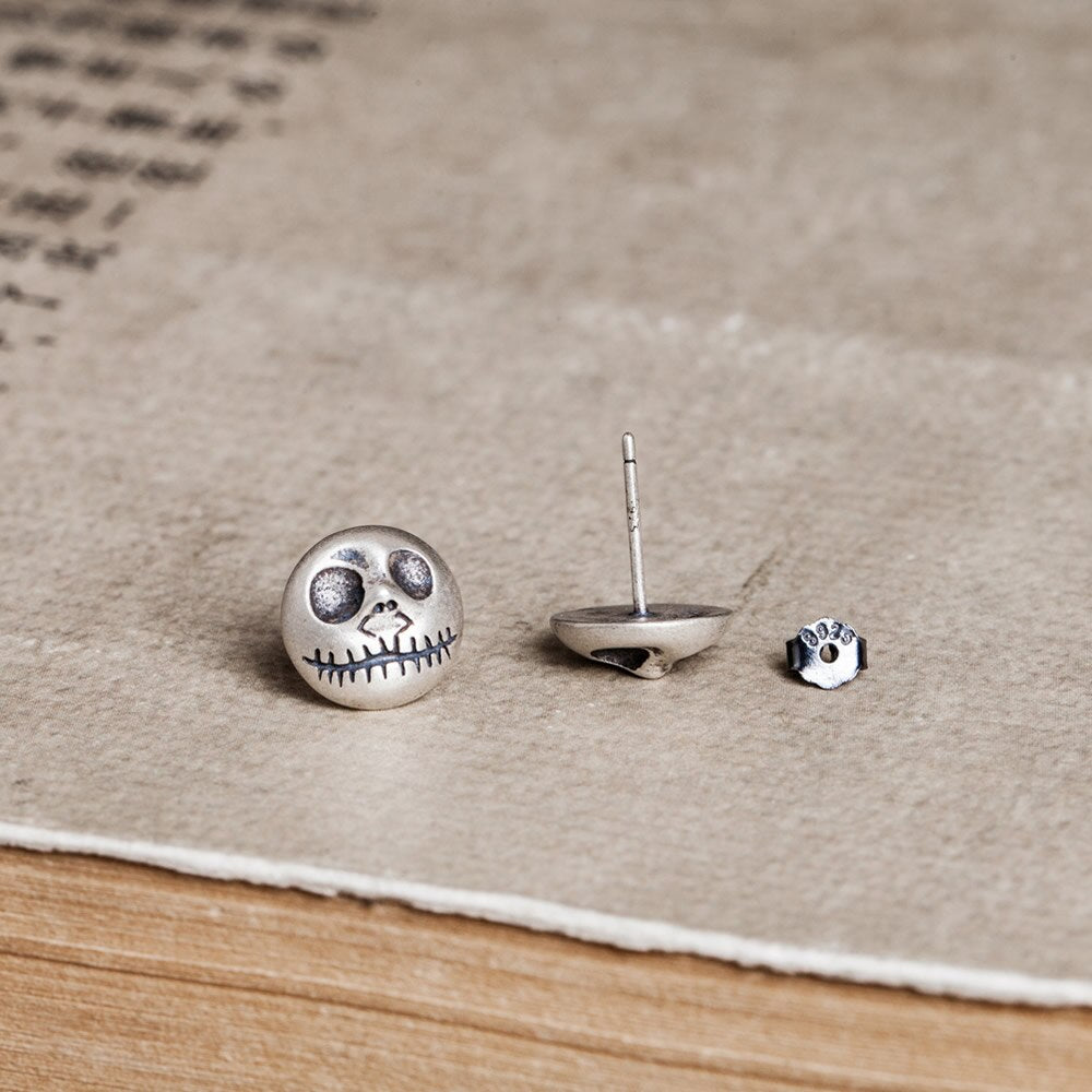 925 Sterling Silver Stud Earrings Pumpkin Prince Jack Skull
