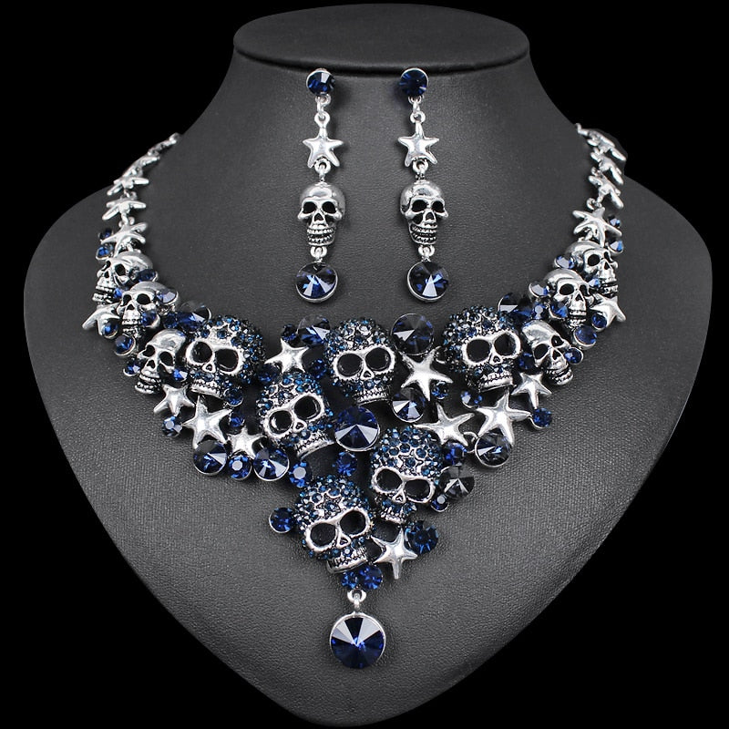 Vintage Crystal Skull Jewelry Sets Punk Statement Necklace Earrings Retro Skeleton