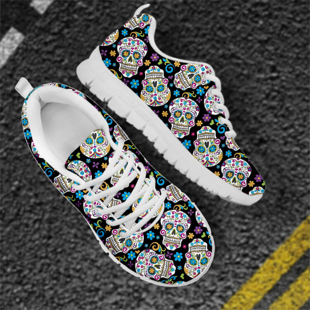 Sugar Skull Pattern Stylish Ladies Flats Shoes Breathable Lace Up Air Mesh Sneakers