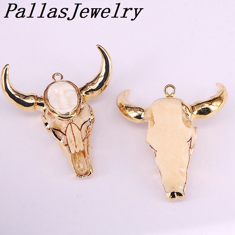 5Pcs Nature Bull Bone Pendant, Gold Filled Bull Head Pendants Necklace