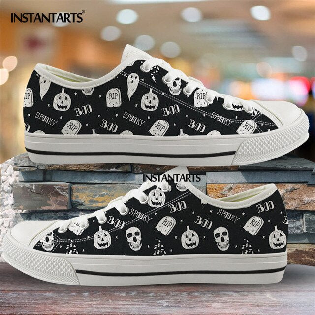 Hot Black Skull Printing Canvas Shoes Low Top Brand