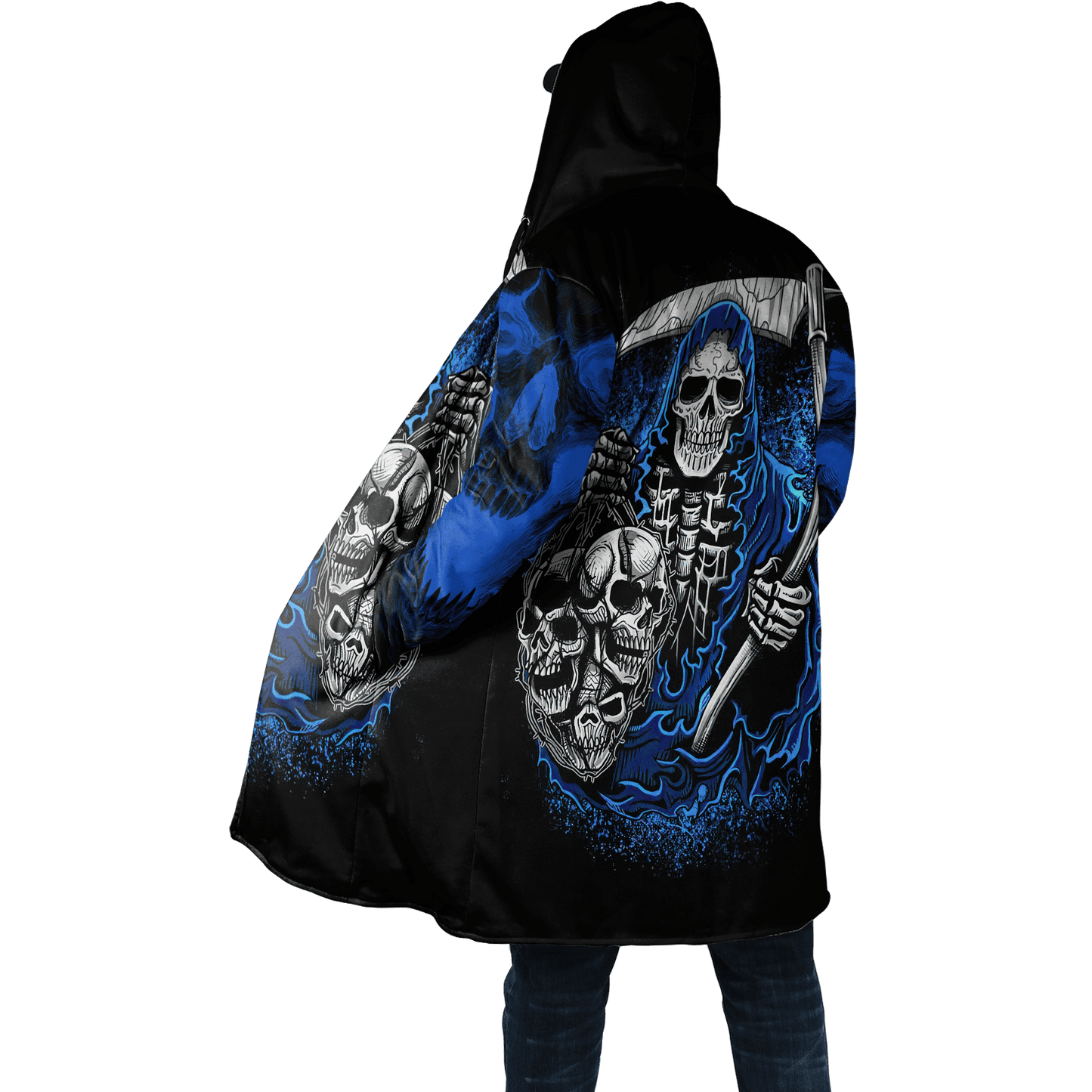 Winter Mens Cloak Gothic Reaper Skull Tattoo Fleece Hooded Cloak Coat Unisex Casual Thick Warm Cape coat, Halloween cloak coat