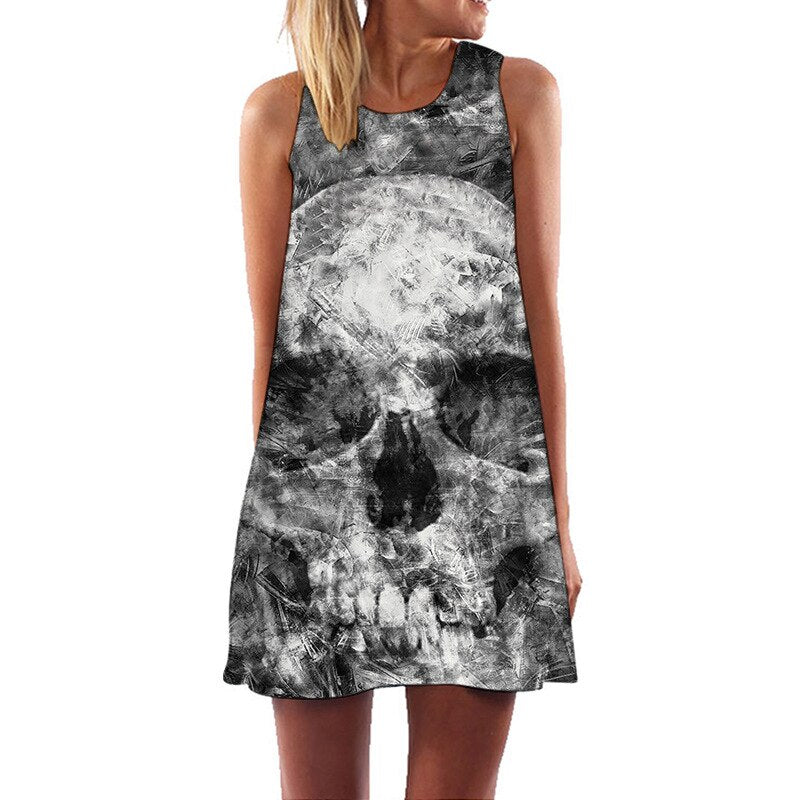 Women Summer Skull Dress Sundress 3D Printed Vintage