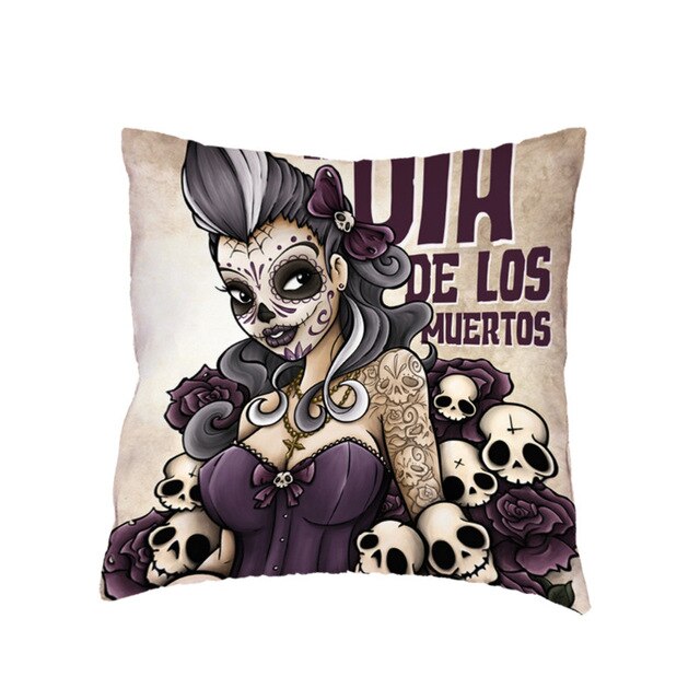 Colorful Sugar Skull Polyester Cushion Cover White Mexican Style