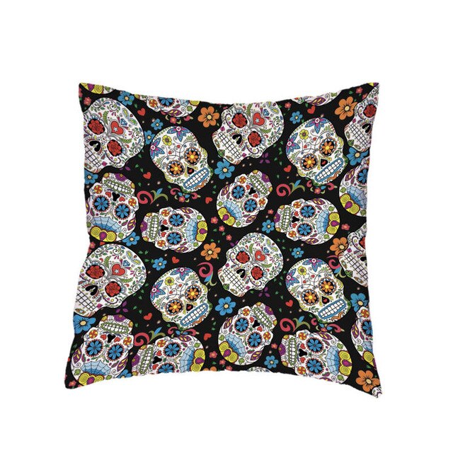 Colorful Sugar Skull Polyester Cushion Cover White Mexican Style