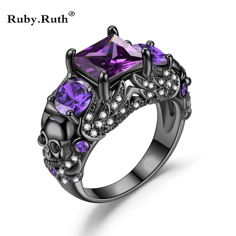 Skull Angel Ring Women Purple Crystal CZ Rings Black