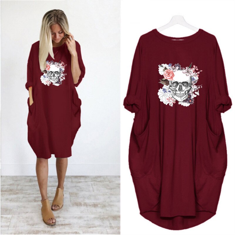 Plus Size 5XL Women's Dress Skull Print Long Sleeve O Collar Pocket