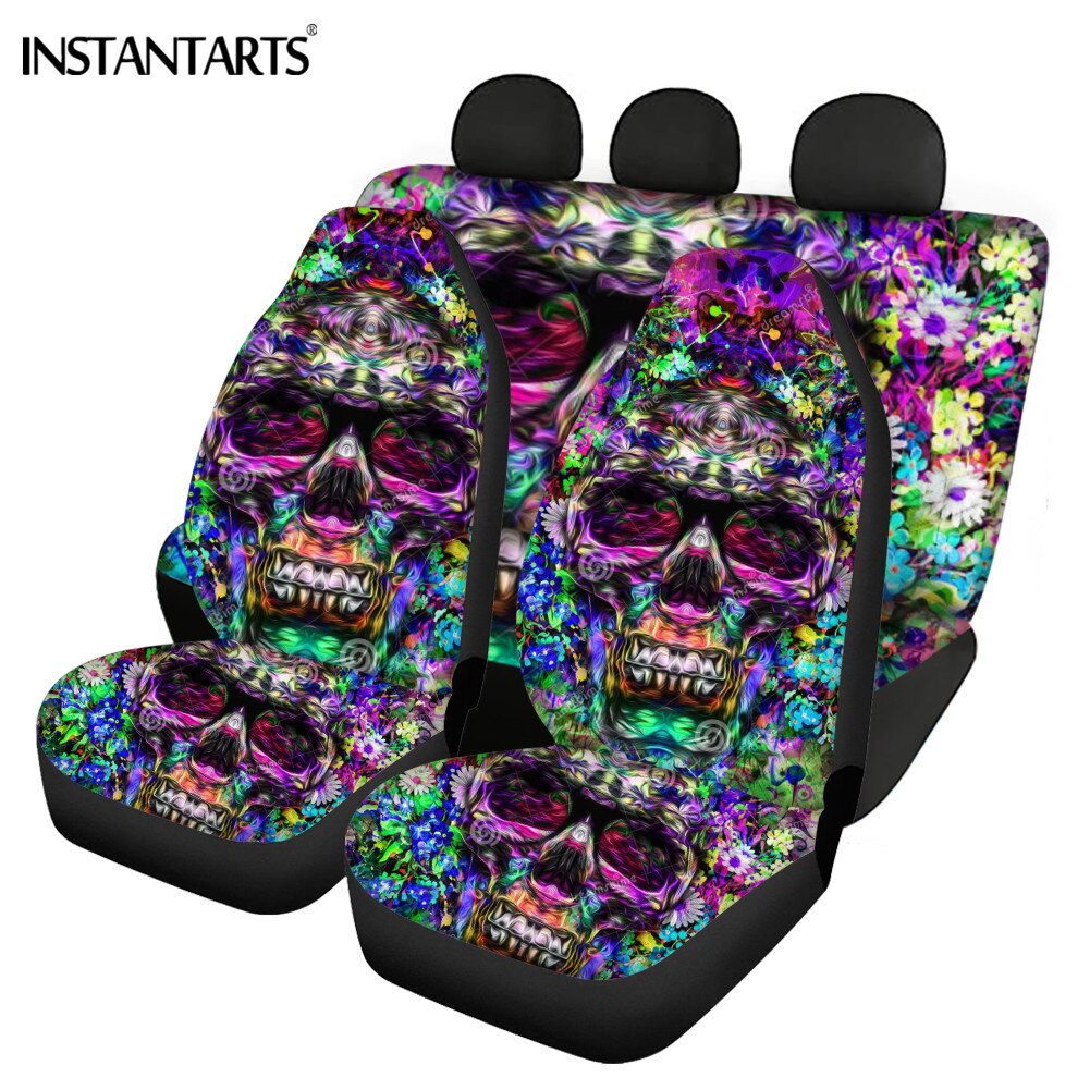 Full Set Car Full Set for Women Stylish Car Seat Cover  Sugar Skull Print Washable General Front and Rear Seat Cover