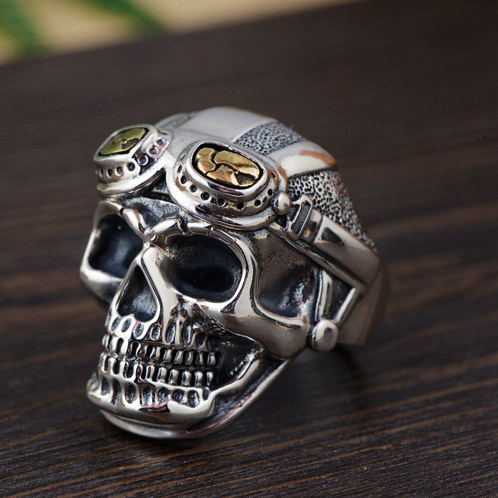 Personalized Biker Rings For Men Genuine 925 Sterling Silver Skull Head With Pilot Glass