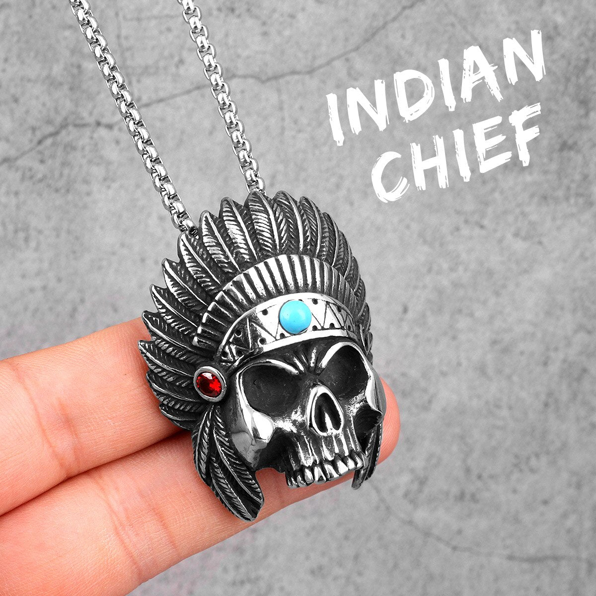 Indian Chief Skull Long Men Necklaces Pendants Chain Punk